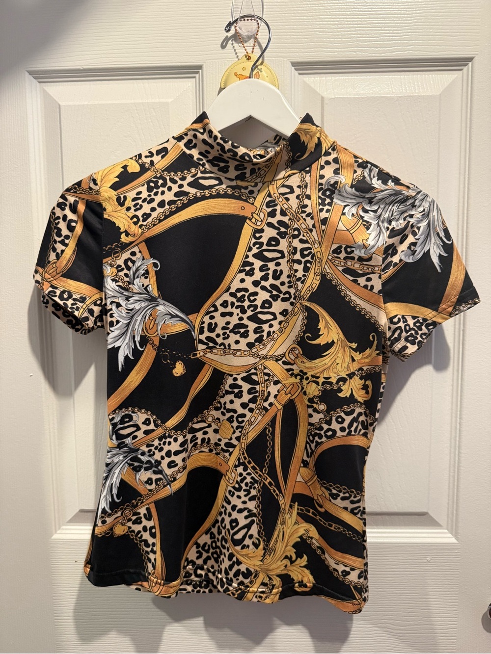 SHEIN Black, Gold & Cream Chain Leopard Print Blouse